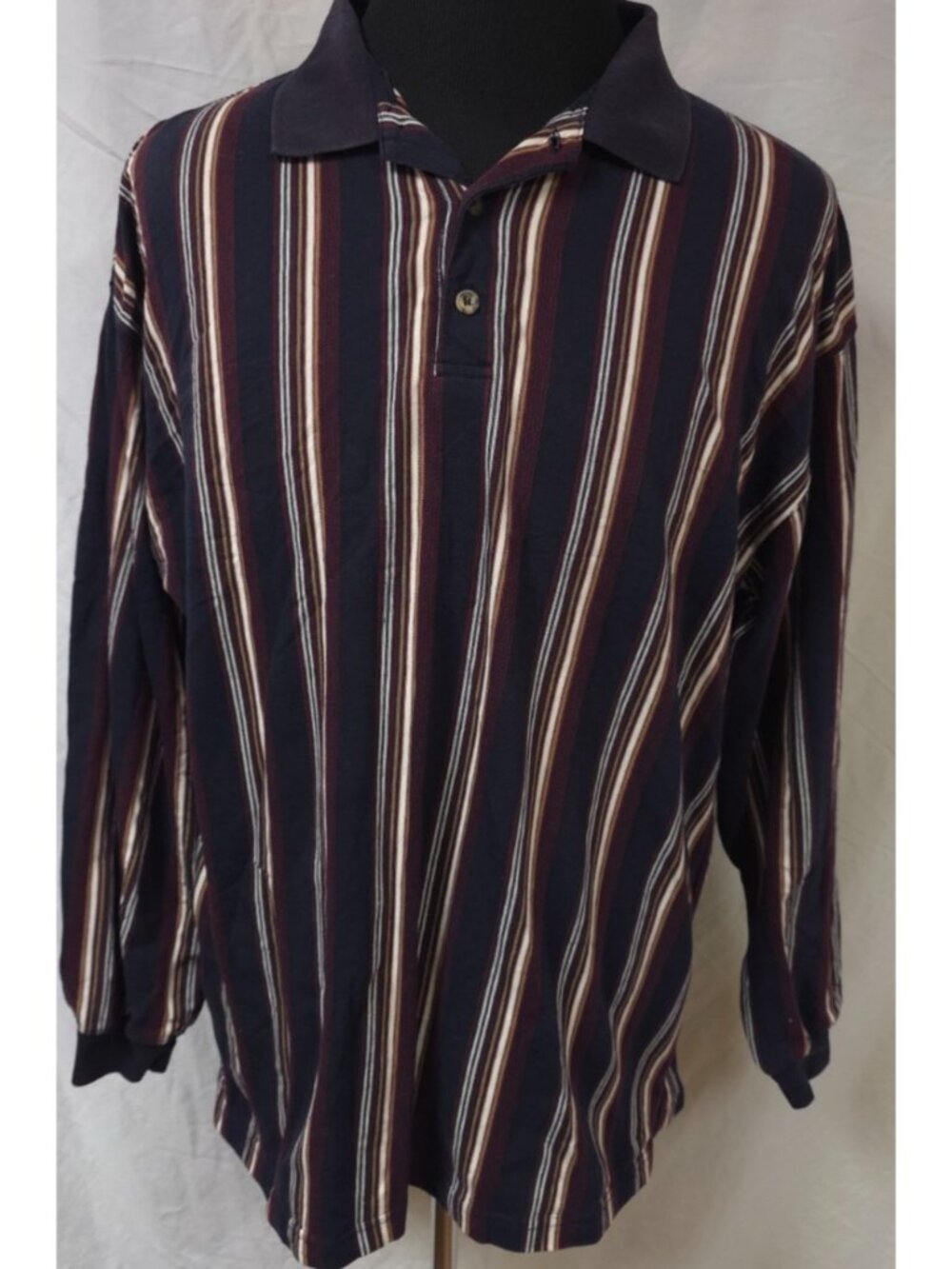 VTG Nino Cerruti Sport Mens XL Blue Stripe Long Sleeve Polo Rugby Henley Shirt